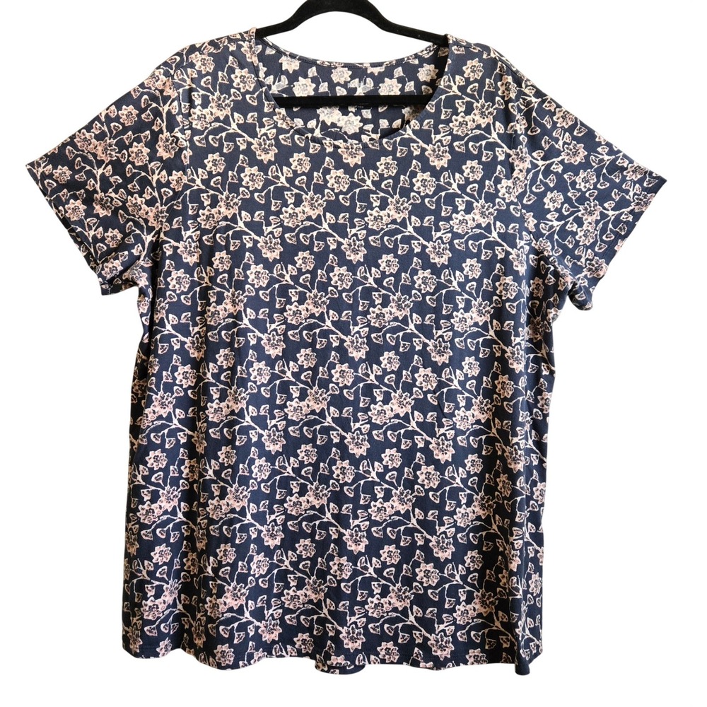 J. Jill Pure Jill Scoop Neck Elliptical Tee 2X Navy Pink Floral Pima Cotton Top